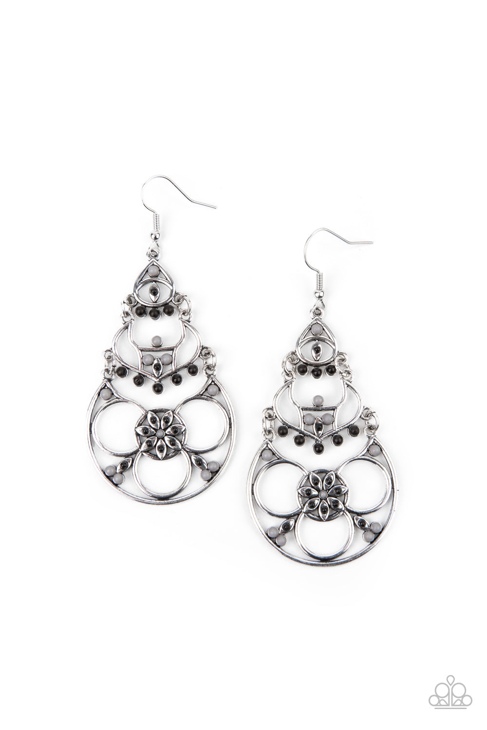 Garden Melody - Paparazzi - Black and Grey Bead Silver Floral Frame Earrings