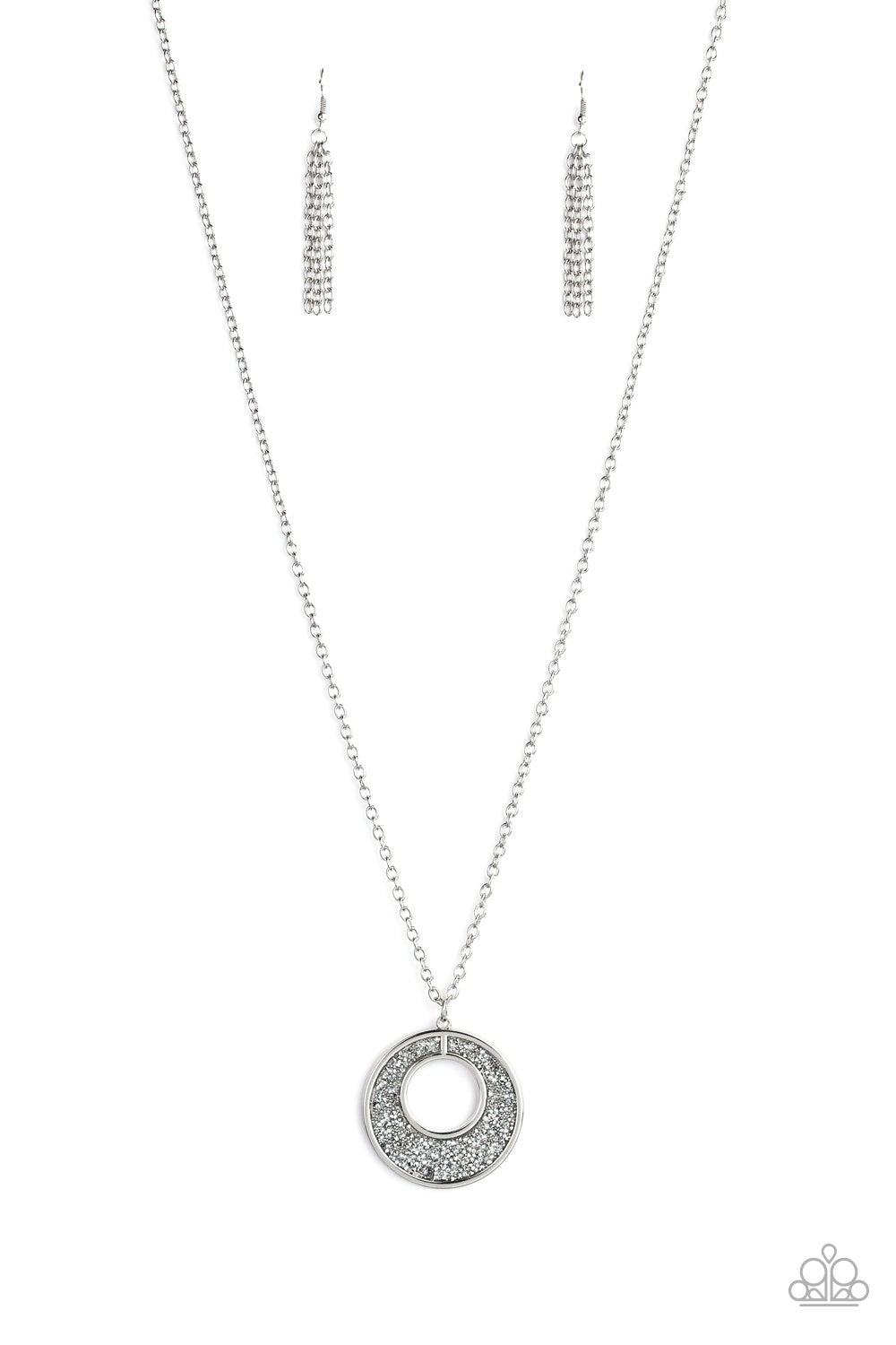 Glitzy Glow - Paparazzi - Silver Metallic Rhinestone Encrusted Hoop Pendant Necklace