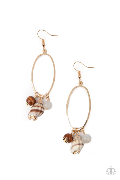 Golden Grotto - Paparazzi - White Shell Brown Wood Bead Gold Oval Earrings
