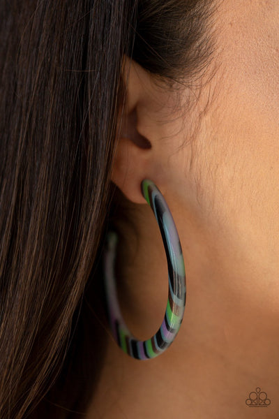 HAUTE-Blooded - Paparazzi - Green Acrylic Stripe Hoop Earrings