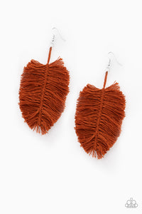 Hanging by a Thread – Paparazzi – Brown Terracotta Leafy Tread Fringe Earrings
