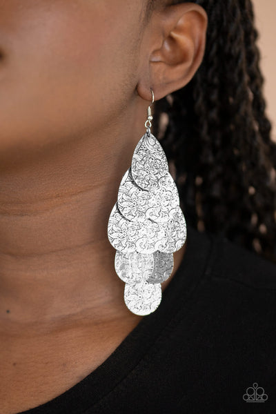 Hibiscus Harmony - Paparazzi - Silver Floral Antiqued Teardrop Chandelier Earrings