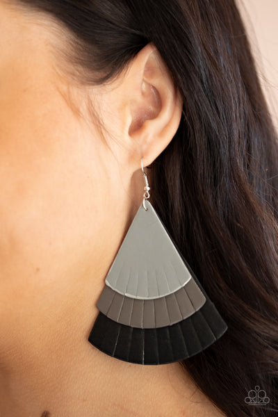 Huge Fanatic - Paparazzi - Black and Grey Triangular Leather Earrings