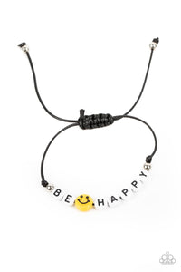 I Love Your Smile - Paparazzi - Black Cord Yellow Smiley Face "Be Happy" Sliding Knot Bracelet