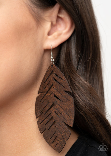 I Want To Fly - Paparazzi - Brown Leather Feather Earrings