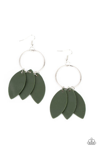 Leafy Laguna - Paparazzi - Green Leather Leaf Silver Hoop Earrings