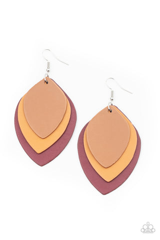 Light as a LEATHER - Paparazzi - Red, Brown and Tan Leather Leaf Earrings