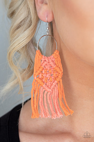Macrame Rainbow – Paparazzi – Orange Coral Knotted Macrame Fringe Earrings