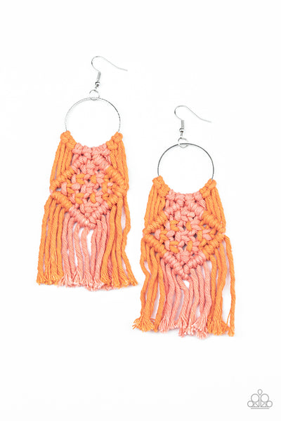 Macrame Rainbow – Paparazzi – Orange Coral Knotted Macrame Fringe Earrings