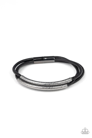 Magnetic Maverick - Paparazzi - Black Cord Gunmetal Hammered Accent Magnetic Bracelet