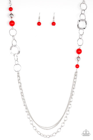 Modern Motley - Paparazzi - Red Silver Bead Hoop Necklace