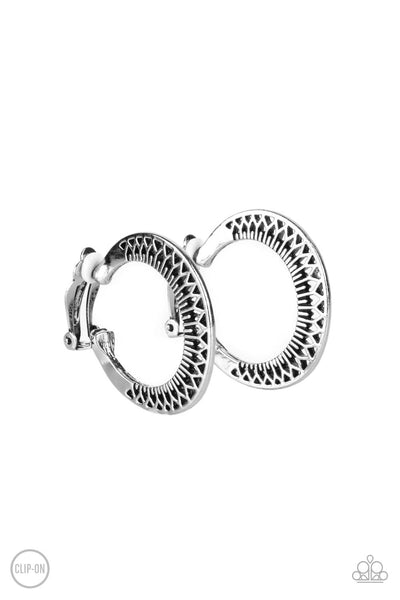 Moon Child Charisma - Paparazzi - Silver Floral Patterned Clip On Hoop Earrings