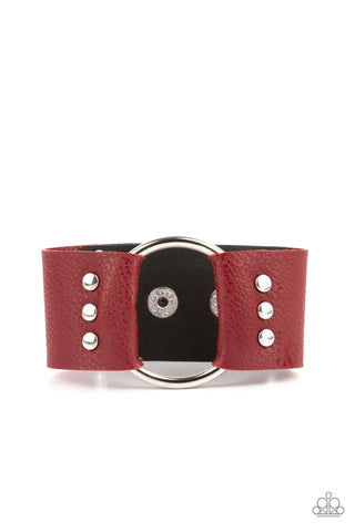  Moto Mayhem - Paparazzi - Red Leather Silver Accent Hoop Snap Bracelet