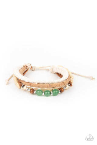 Natural-Born Navigator - Paparazzi - Green Stone Bead Cork Wood Thread Sliding Knot Bracelet