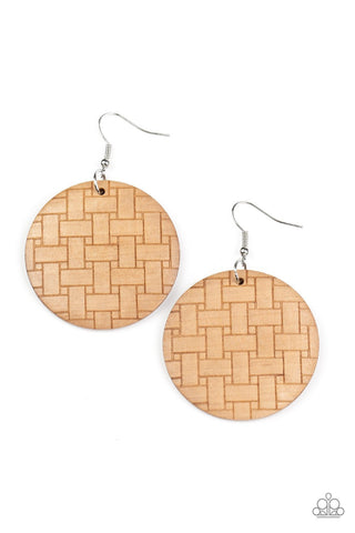 Natural Novelty - Paparazzi - Brown Wooden Disc Weave Earrings