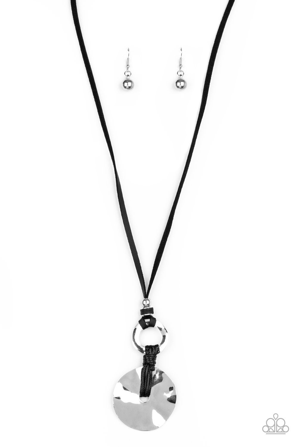 Nautical Nomad - Paparazzi - Black Leather Strand Silver Hammered Disc Necklace