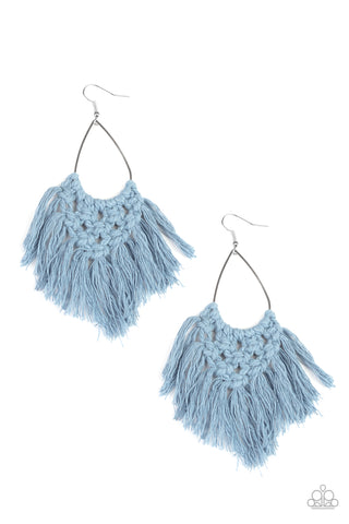 Oh MACRAME, Oh My - Paparazzi - Blue Faded Denim Knotted Twine Fringe Earrings
