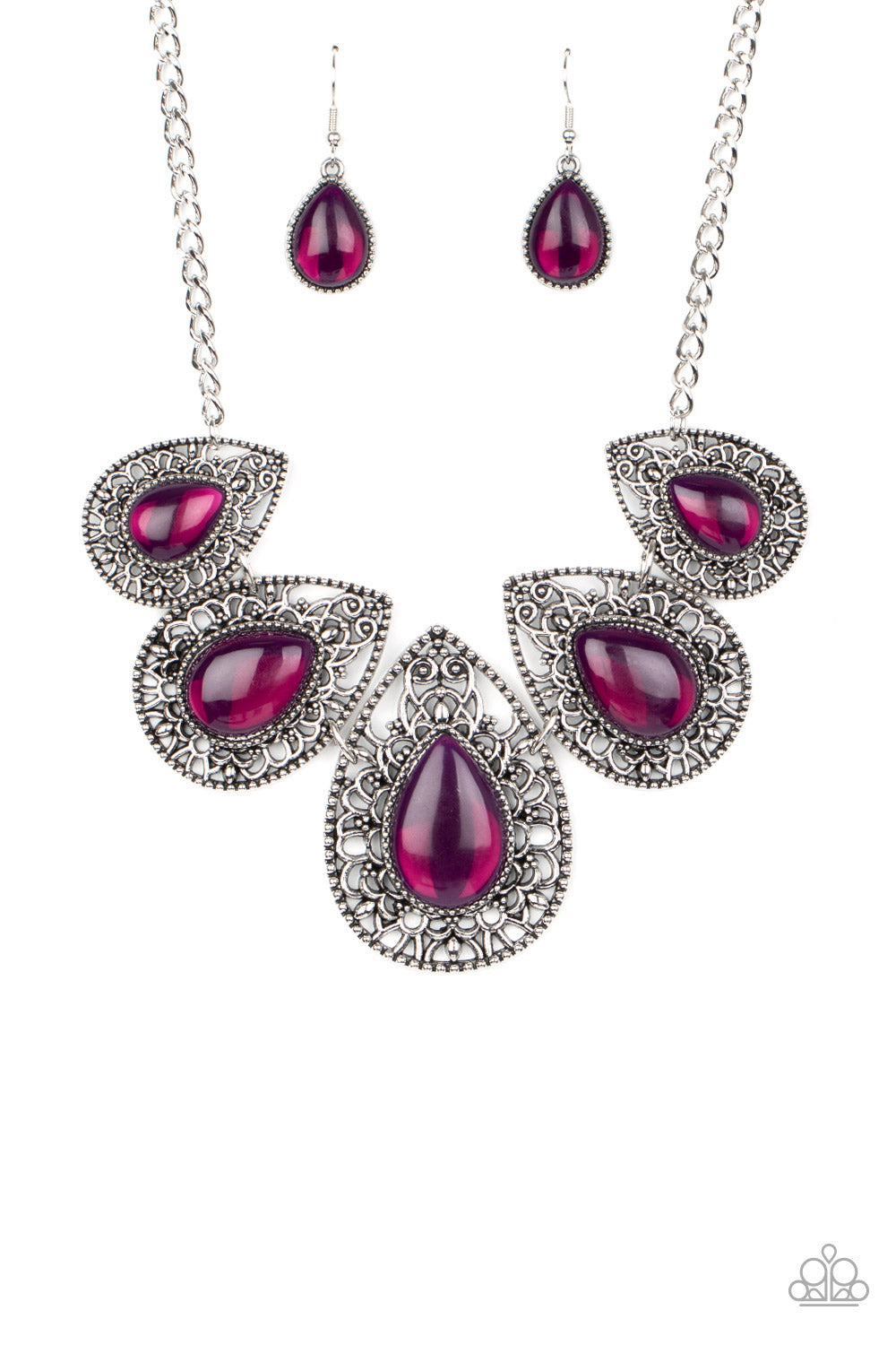 Opal Auras - Paparazzi - Purple Opalescent Teardrop Bead Silver Filigree Necklace