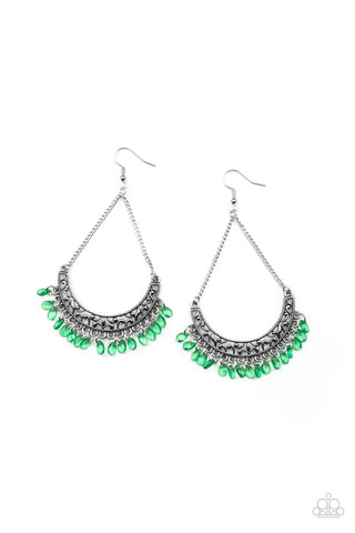 Orchard Odyssey - Paparazzi - Green Fringe Bead Silver Filigree Crescent Earrings