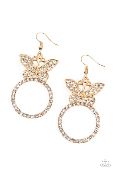 Paradise Found - Paparazzi - Gold Butterfly White Rhinestone Circle Earrings