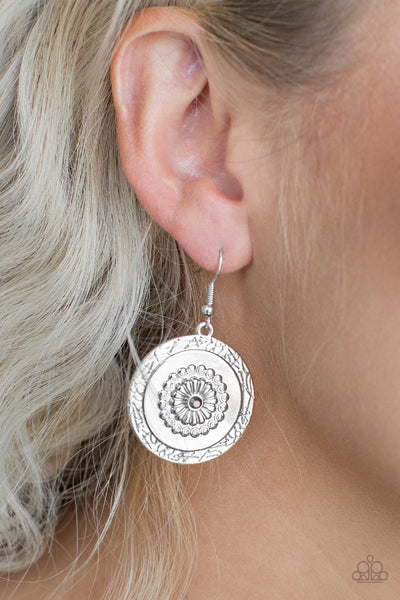 Peppy Poppy - Paparazzi - Silver Floral Hematite Rhinestone Circular Earrings
