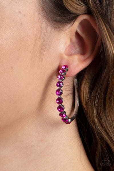 Photo Finish - Paparazzi - Pink Rhinestone Hoop Earrings