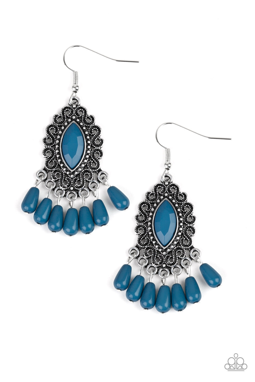 Private Villa - Paparazzi - Blue Faceted Bead Silver Filigree Earrings
