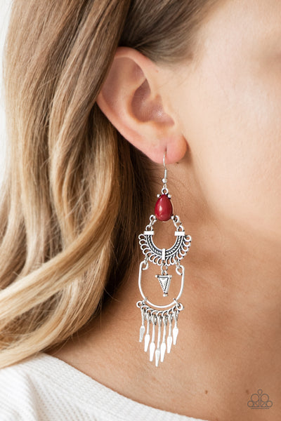 Progressively Pioneer - Paparazzi - Red Bead Silver Tribal Earrings