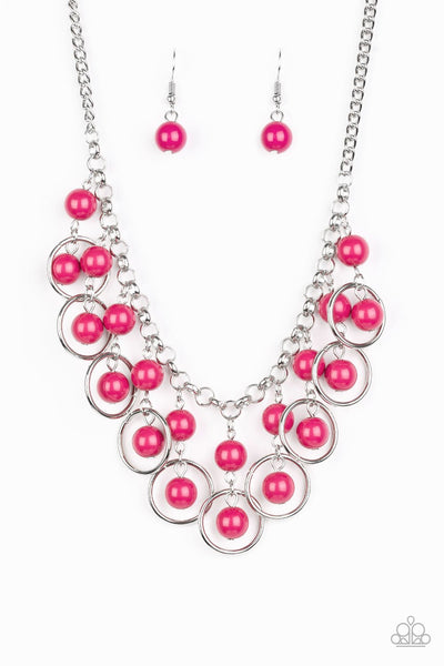 Really Rococo - Paparazzi - Pink Bead Silver Hoop Short Necklace