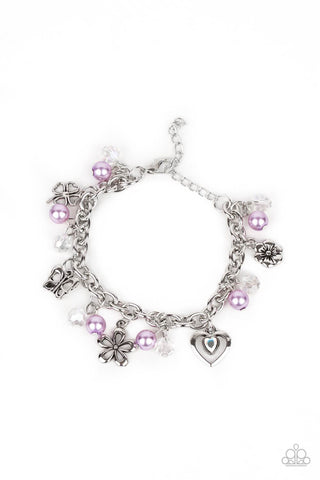 Retreat into Romance - Paparazzi - Purple Pearl Iridescent Bead Silver Charm Clasp Bracelet