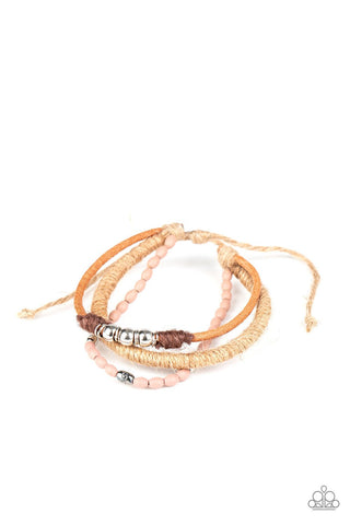 SEA You At The Beach - Paparazzi - Pink and Silver Bead Tan Twine Sliding Knot Bracelet