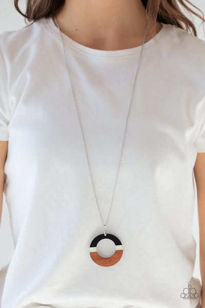 Sail Into The Sunset - Paparazzi - Black, White and Brown Wood Circular Pendant Necklace