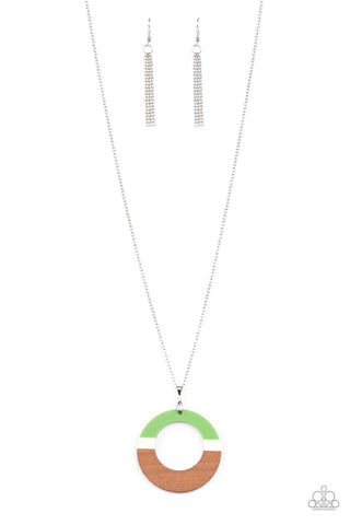 Sail Into The Sunset - Paparazzi - Green White and Wood Hoop Pendant Necklace