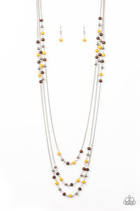 Seasonal Sensation - Paparazzi - Yellow, Wood and Silver Beaded Layered Necklace