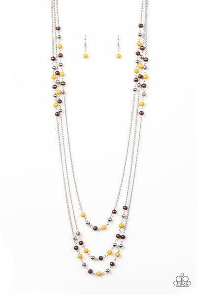 Seasonal Sensation - Paparazzi - Yellow, Wood and Silver Beaded Layered Necklace