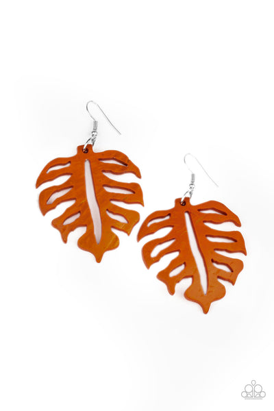 Shake Your PALMS PALMS - Paparazzi - Orange Wood Leaf Earrings