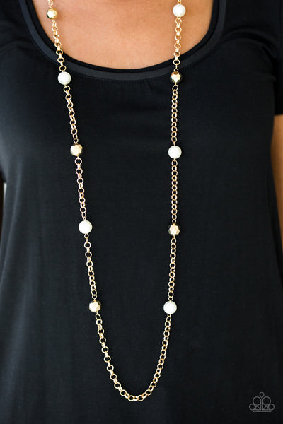 Showroom Shimmer - Paparazzi - Gold and White Pearl Bead Necklace