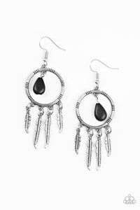 Southern Plains - Paparazzi - Black Stone Silver Feather Earrings