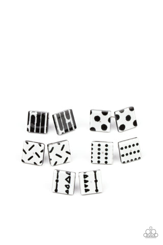 Black and White Patterned Square Post Earrings - Paparazzi Starlet Shimmer