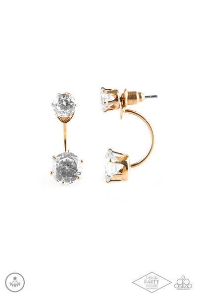 Starlet Squad - Paparazzi - Gold Frame White Rhinestone Solitaire Jacket Post Earrings