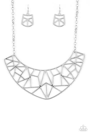 Strike While HAUTE - Paparazzi - Silver Shattered Geometric Crescent Necklace