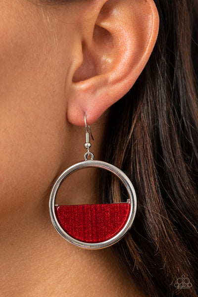 Stuck in Retrograde - Paparazzi - Red Glittery Acrylic Crescent Silver Circle Earrings