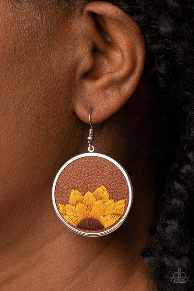Sun-Kissed Sunflowers - Paparazzi - Brown Leather Yellow Sunflower Thread Earrings