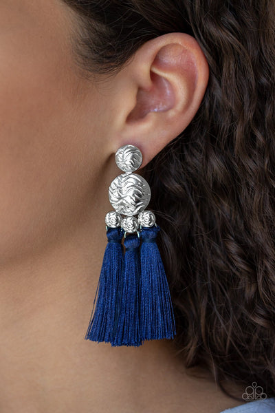 Taj Mahal Tourist – Paparazzi – Blue Fringe Tassel Silver Post Earrings