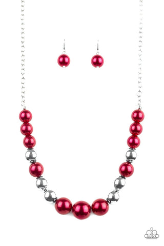 Take Note - Paparazzi - Red Pearl Silver Bead Necklace