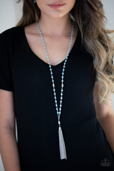 Tassel Takeover - Paparazzi - Blue Crystal Bead Silver Tassel Necklace