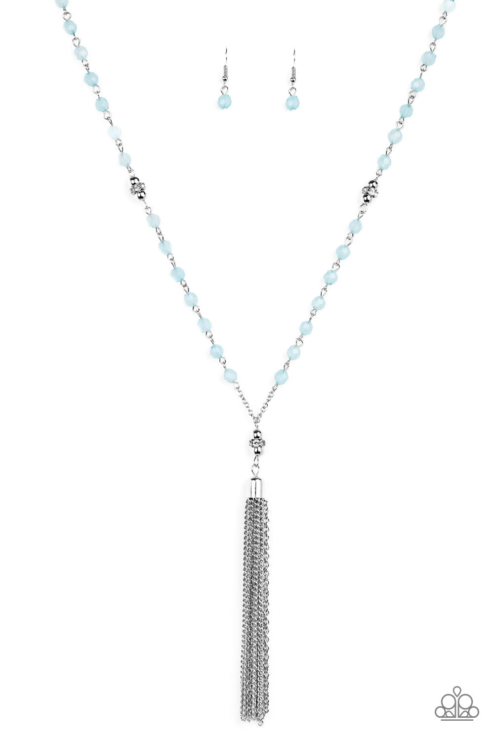 Tassel Takeover - Paparazzi - Blue Crystal Bead Silver Tassel Necklace