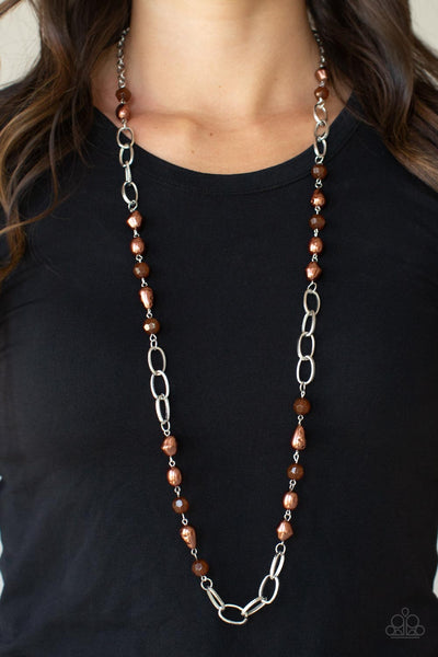 Tea Party Tango - Paparazzi - Brown Bead and Pearl Silver Link Necklace
