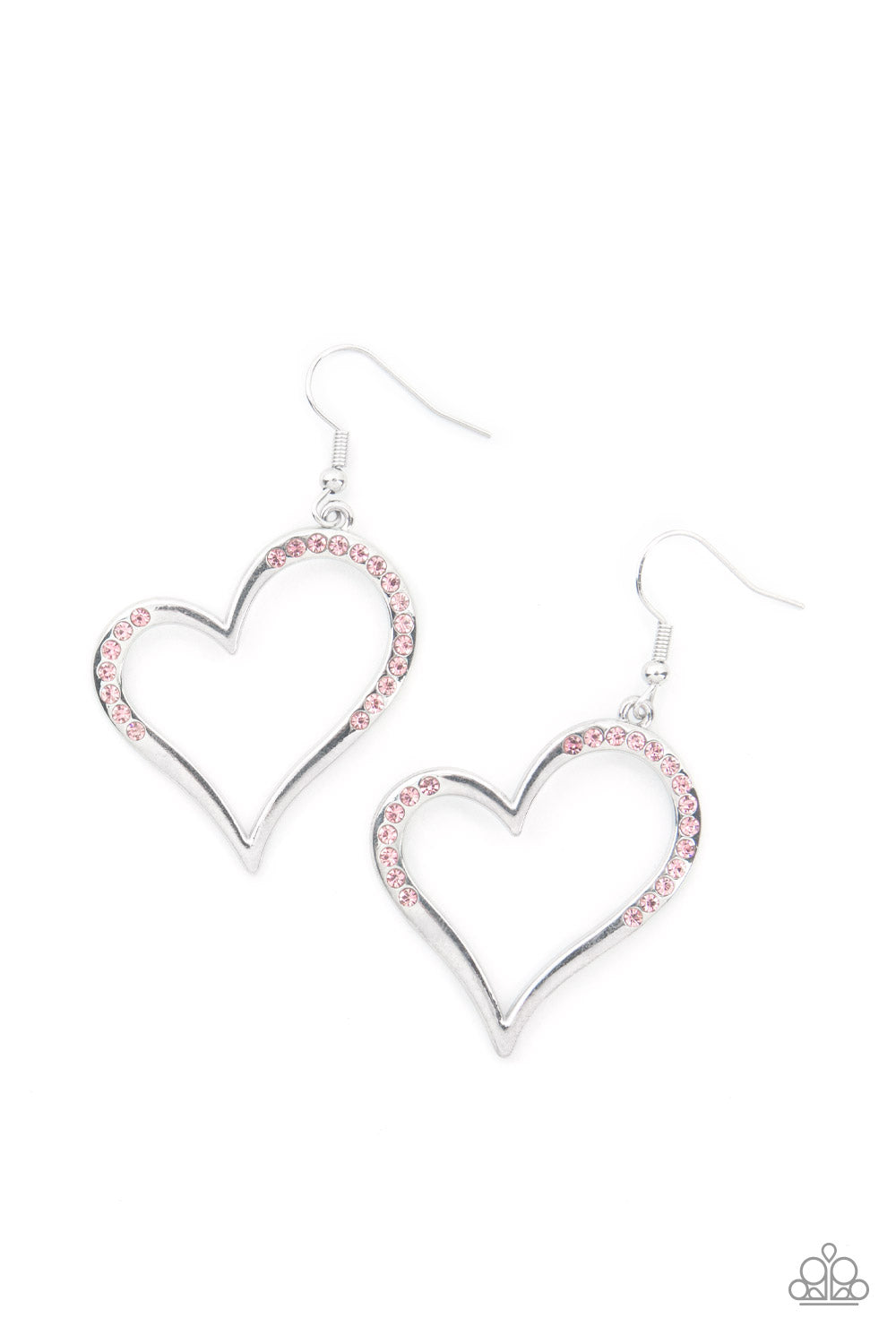Tenderhearted Twinkle - Paparazzi - Pink Rhinestone Silver Heart Earrings
