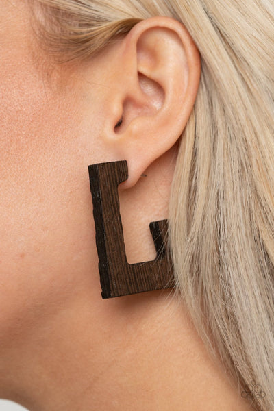 The Girl Next OUTDOOR - Paparazzi - Brown Wood Rectangular Hoop Earrings